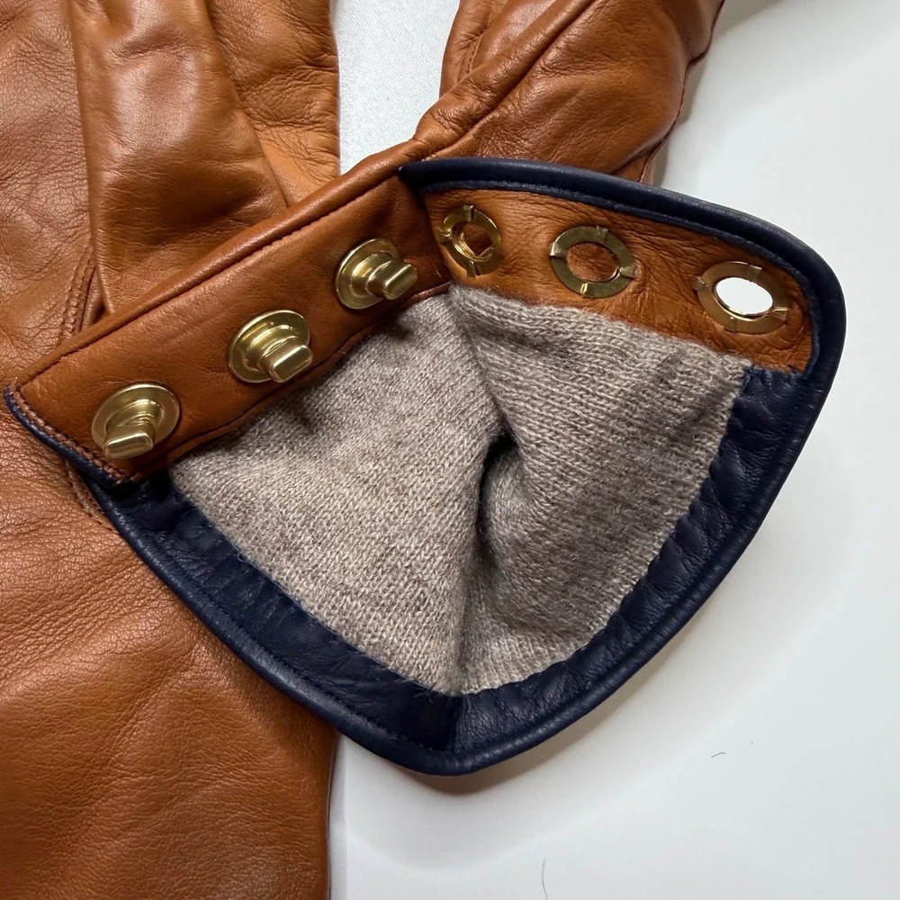 COACH Leather Cashmere Gloves Brown Gold Turnlock Detail Women's Size 8 Classic